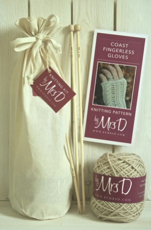 Click here to purchase your by Mrs D Coast Fingerless Gloves Knitting Kit